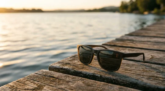 Lunettes de soleil polarisées sur une surface près de l'eau avec reflets lumineux