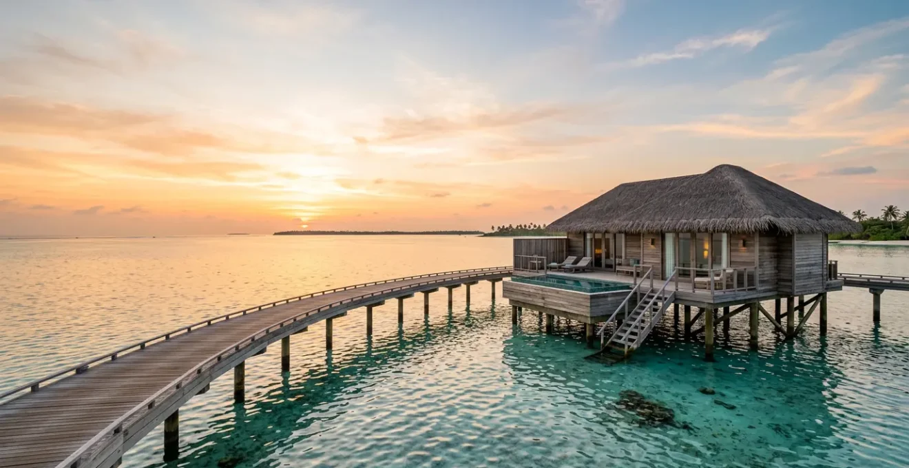 Villa sur pilotis au-dessus d'un lagon tropical turquoise au coucher du soleil