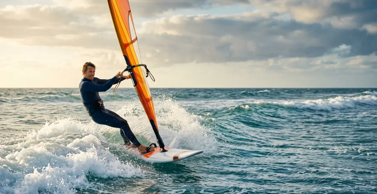 Windsurfer naviguant dans les vagues océaniques avec sa planche et sa voile, capturant l'essence de la transition du lac vers l'océan