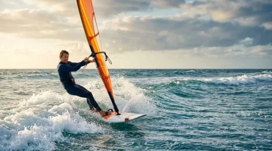 Windsurfer naviguant dans les vagues océaniques avec sa planche et sa voile, capturant l'essence de la transition du lac vers l'océan