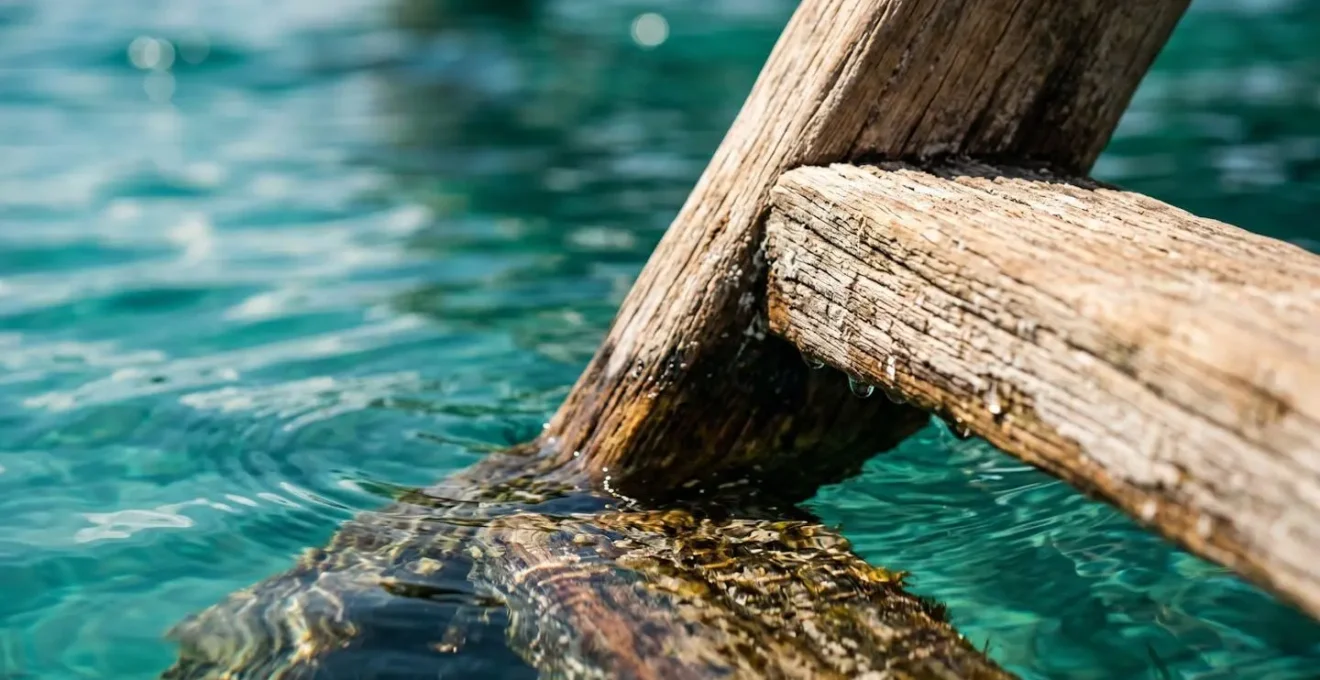 Échelle en bois menant d'une terrasse de villa sur pilotis vers les eaux cristallines du lagon