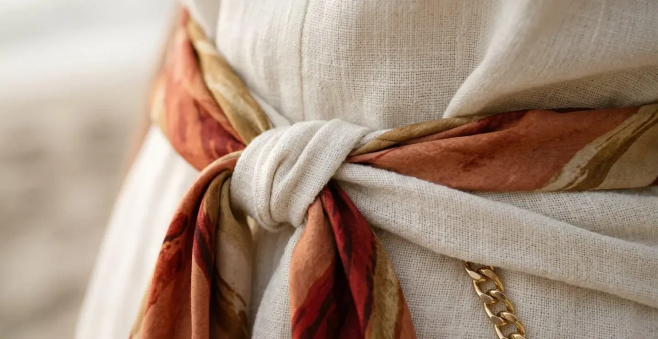 Détail textile d'une tunique de plage avec nouage asymétrique et accessoires dorés