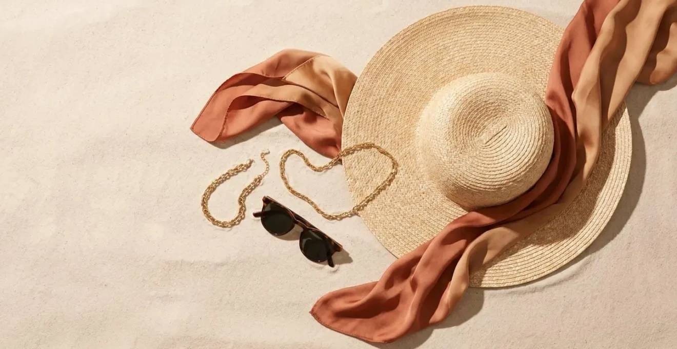 Composition d'accessoires de plage élégants - capeline en paille, bijoux dorés et paréo en soie sur fond de sable clair