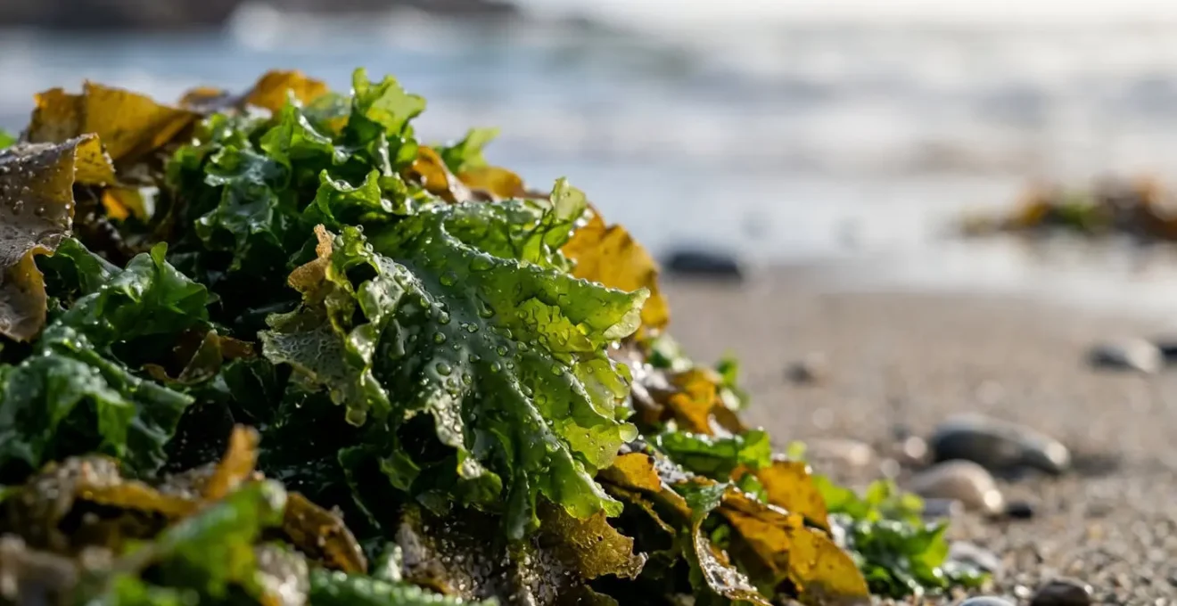 Gros plan macro sur des algues marines fraiches et humides avec des gouttelettes d'eau de mer et textures detaillees