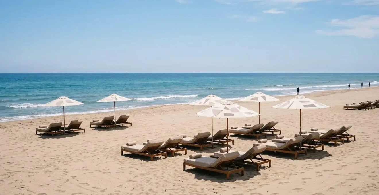 Vue grand angle d'une plage privée calme avec transats espacés et ambiance sereine