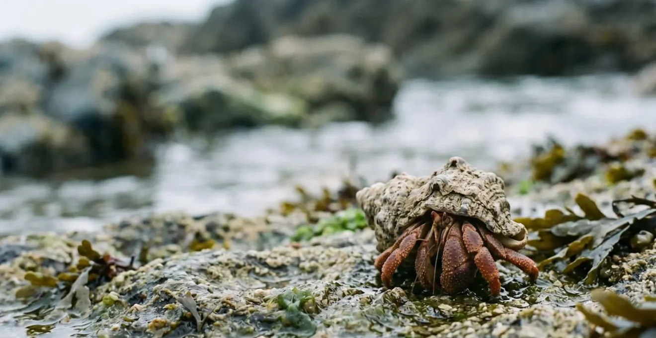 Bernard-l'ermite photographié dans son habitat naturel de flaque rocheuse, mettant en évidence son abdomen vulnérable et sa dépendance à la coquille protectrice