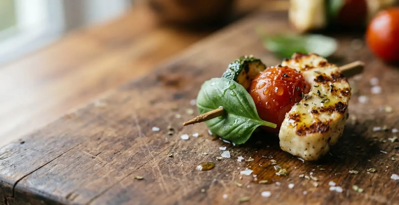 Assortiment de mini-brochettes élégantes et bouchées gastronomiques disposées sur planche naturelle