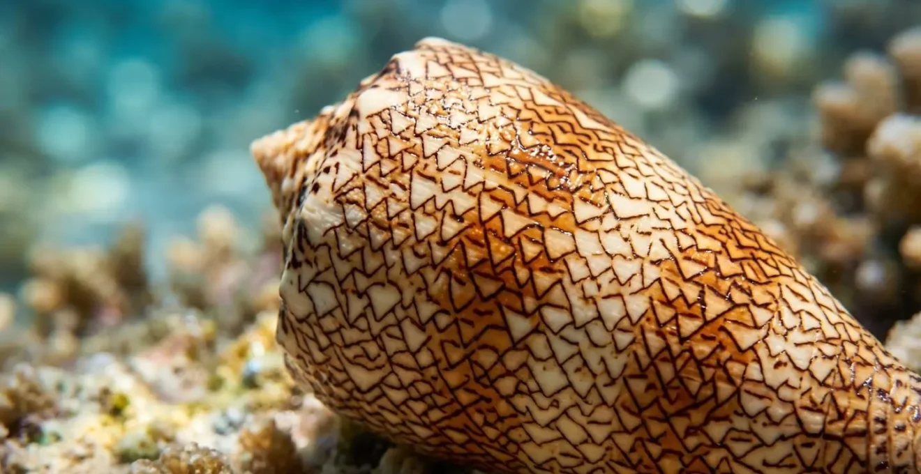 Vue macro rapprochée d'une coquille de cône textile avec sa surface ornementale complexe photographiée dans son environnement naturel sous-marin
