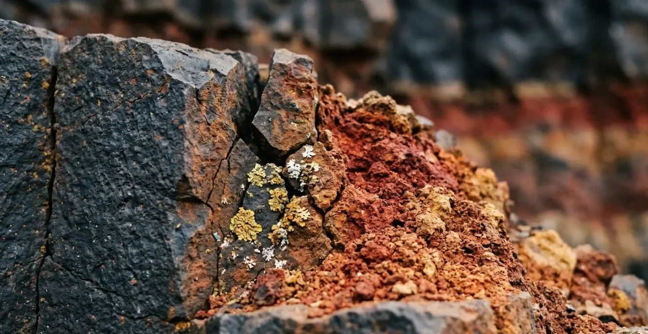Gros plan sur la stratification d'une falaise basaltique révélant une couche d'argile rouge oxydée entre deux niveaux de colonnes noires