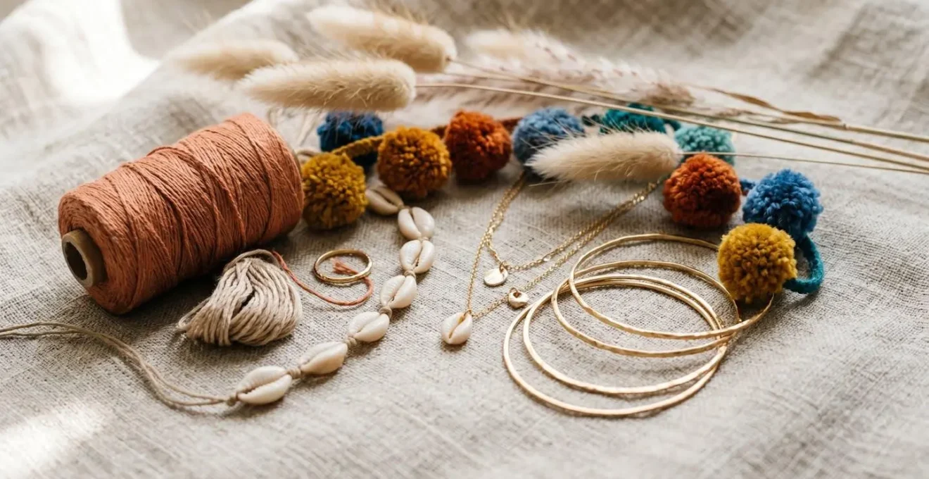 Gros plan sur des broderies artisanales et pompons colorés d'une tunique bohème