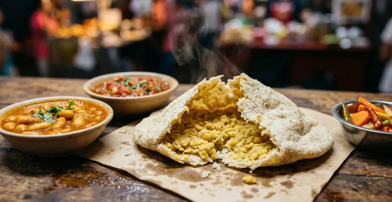 Dholl puri mauricien fraîchement préparé avec curry et condiments authentiques