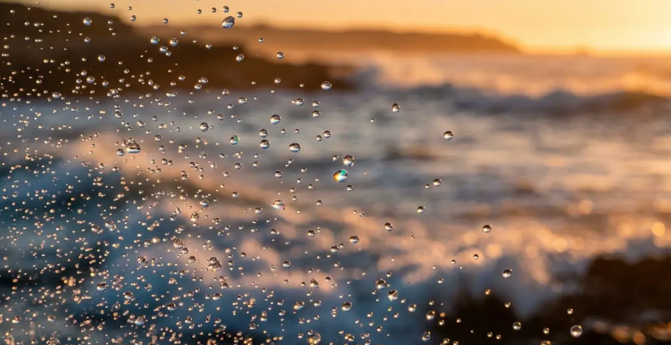 Gros plan sur des embruns d'eau de mer captés dans la lumière dorée, particules d'eau en suspension