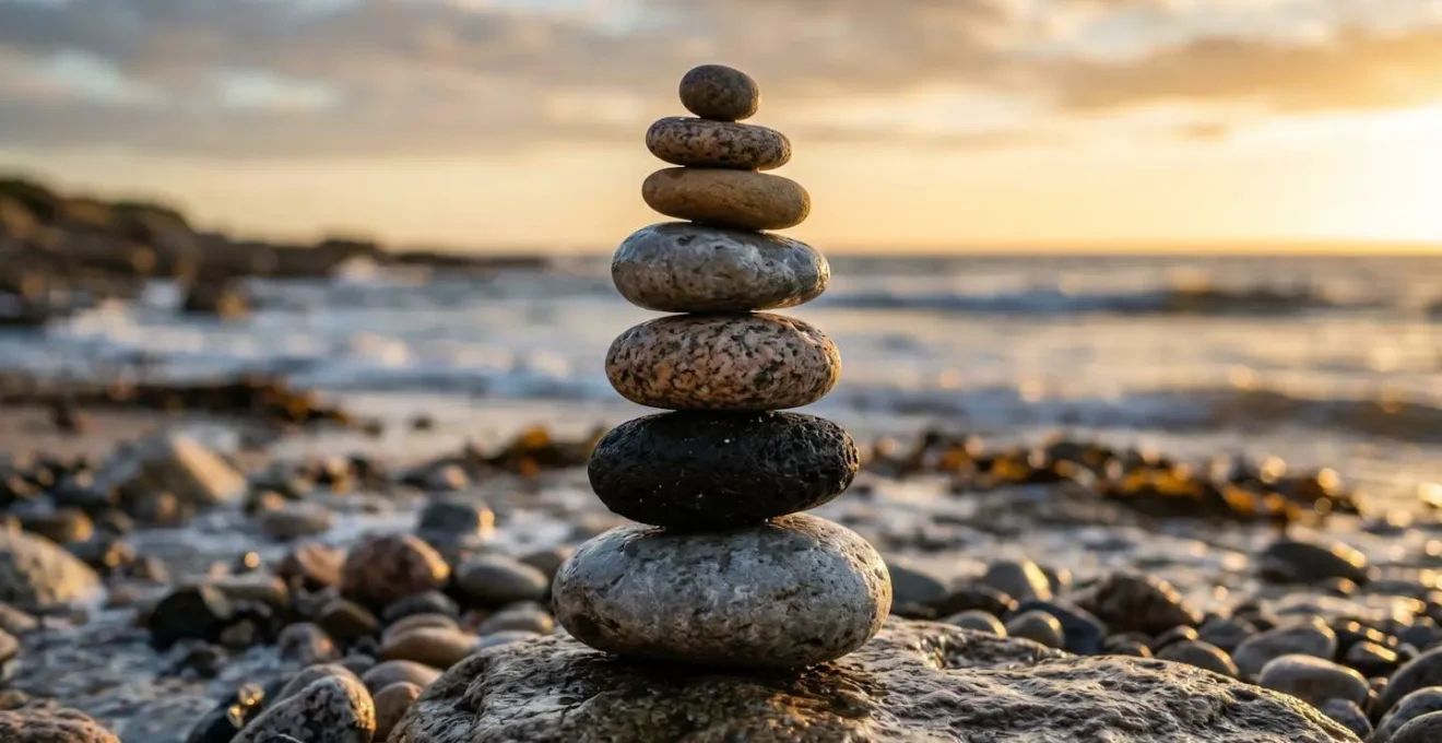 Empilement artistique de galets en équilibre sur une plage, illustrant la tension entre esthétique et impact écologique