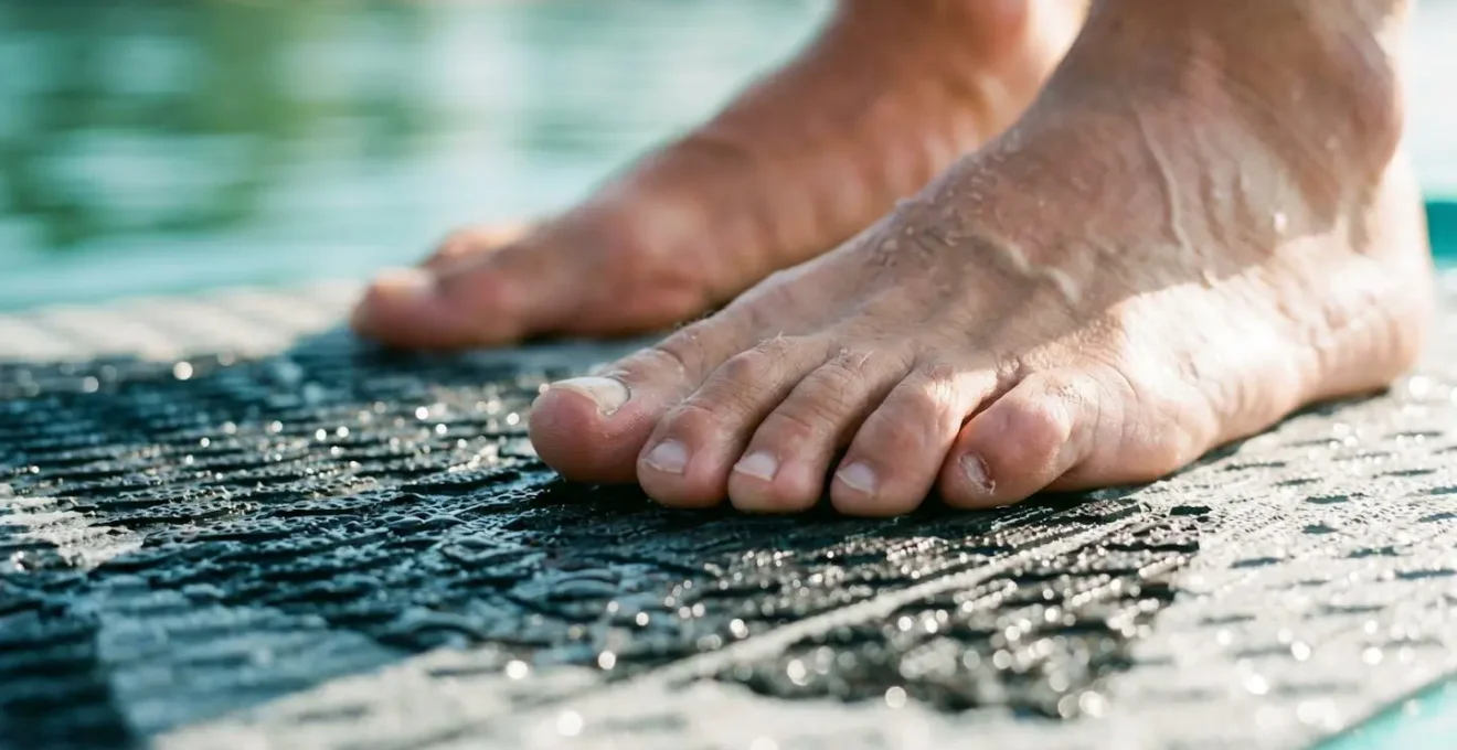 Gros plan sur les pieds d'un pratiquant de paddle montrant les micro-ajustements musculaires pour maintenir l'équilibre