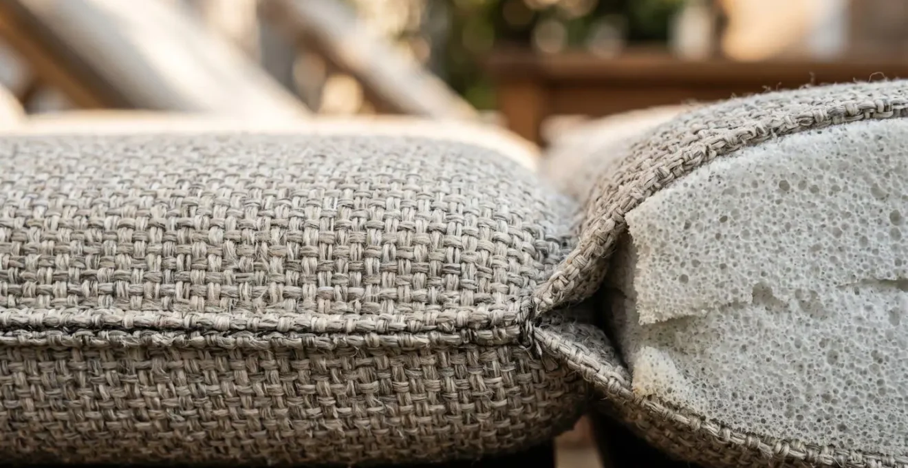 Détails macro de la texture et de l'épaisseur d'un matelas de transat de qualité avec focus sur le rembourrage