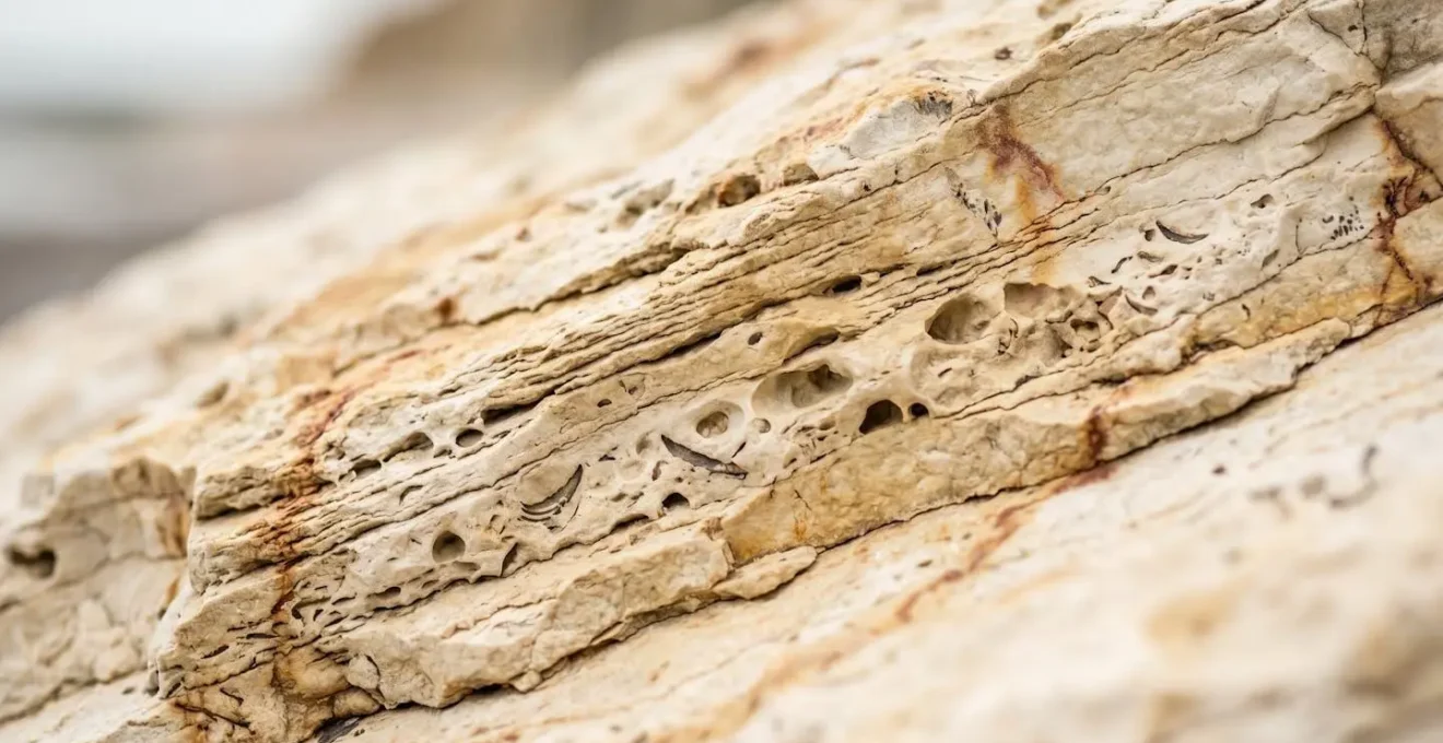 Gros plan sur la texture érodée d'une roche calcaire montrant les strates et la dissolution chimique