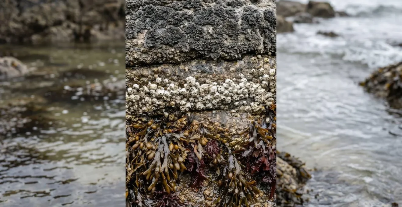 Vue rapprochée d'un rocher à marée basse montrant la zonation des organismes marins