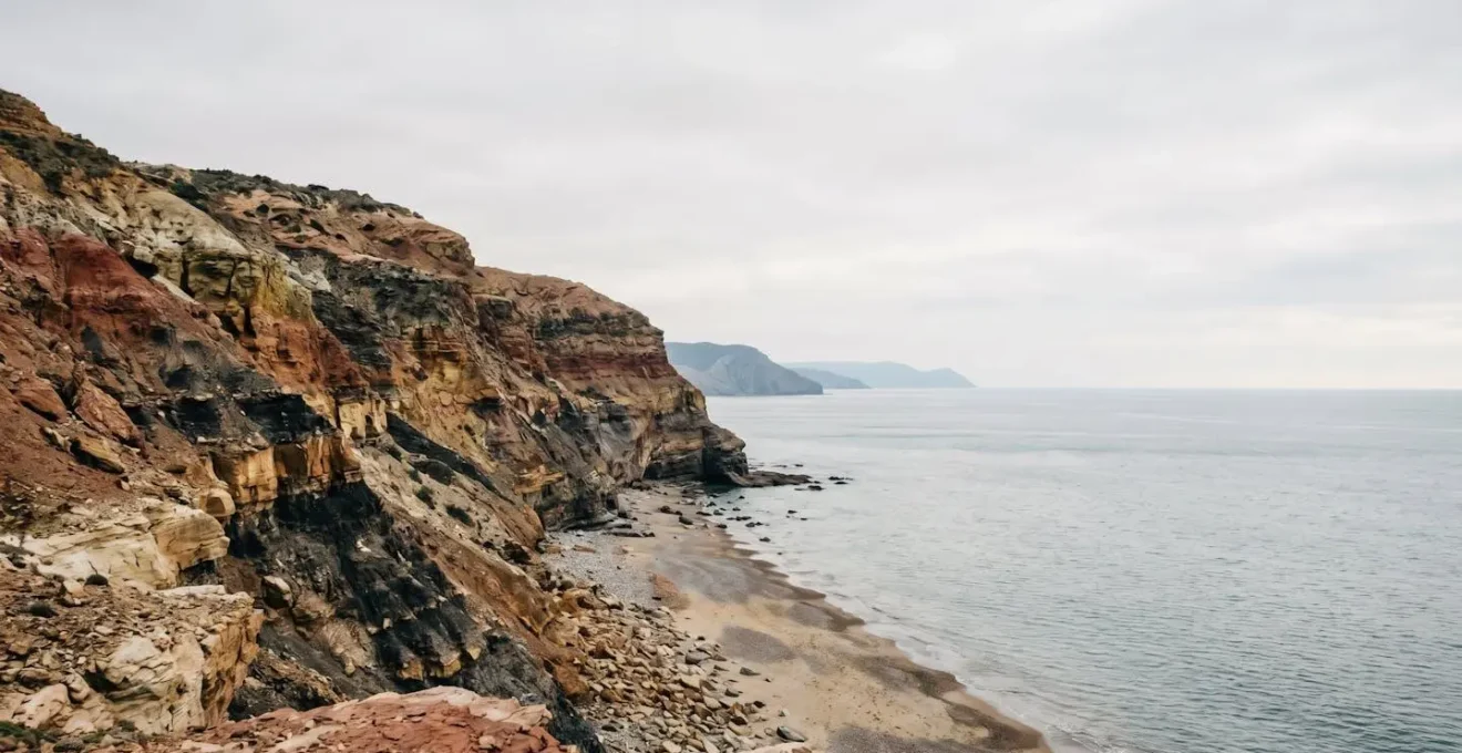 Vue grand angle d'une falaise côtière aux strates colorées dominant une plage, illustrant les processus géologiques et l'érosion maritime