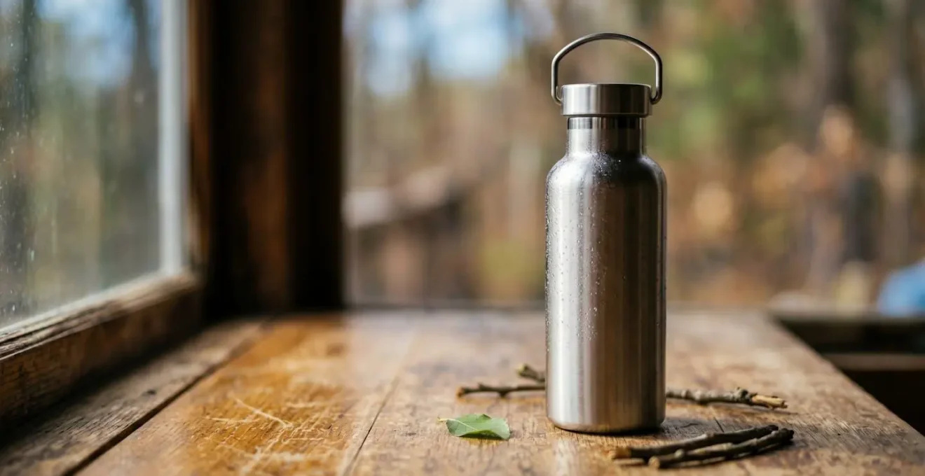 Gourde isotherme avec condensation sur table en bois naturel