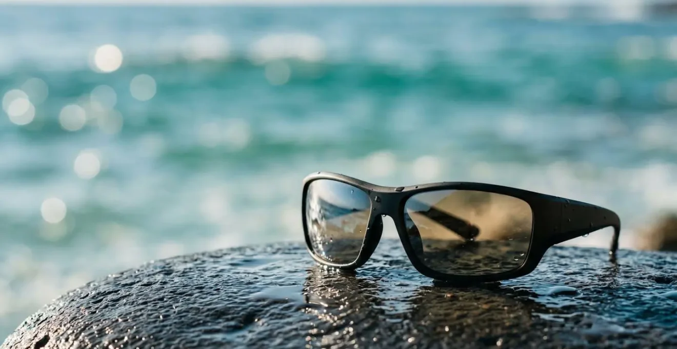 Lunettes de soleil polarisées posées sur surface réfléchissante au bord de l'eau