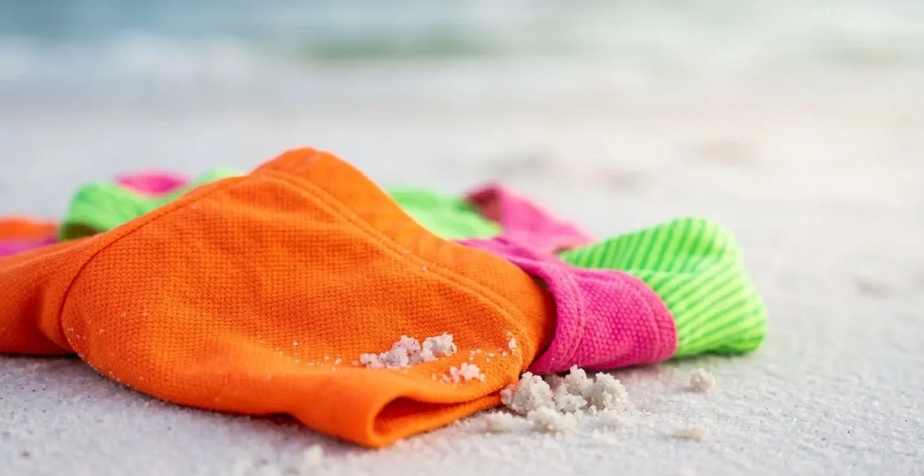 Gros plan sur des maillots de bain pour enfants aux couleurs néon orange et rose vif posés sur du sable blanc