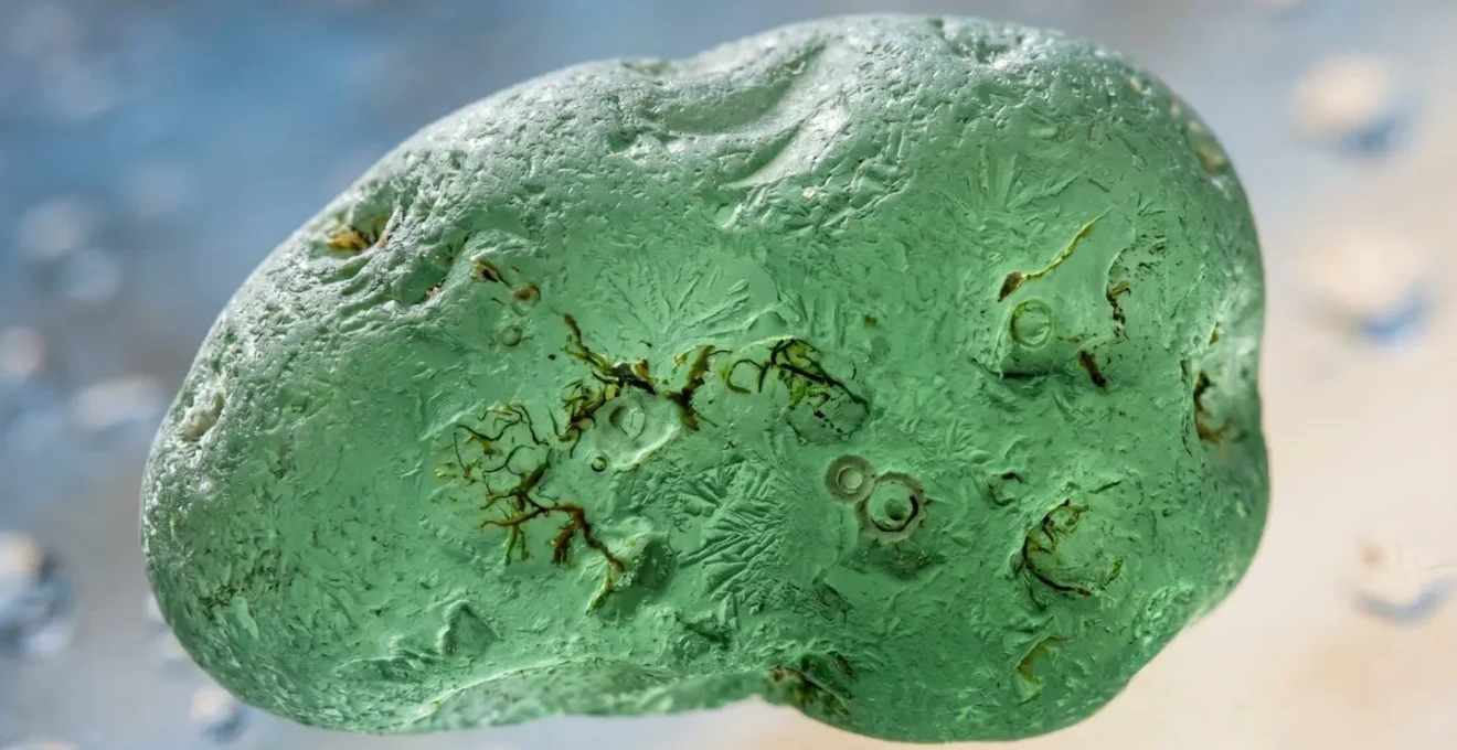 Gros plan macro sur un fragment de verre de mer révélant son micro-écosystème avec algues et micro-organismes à sa surface