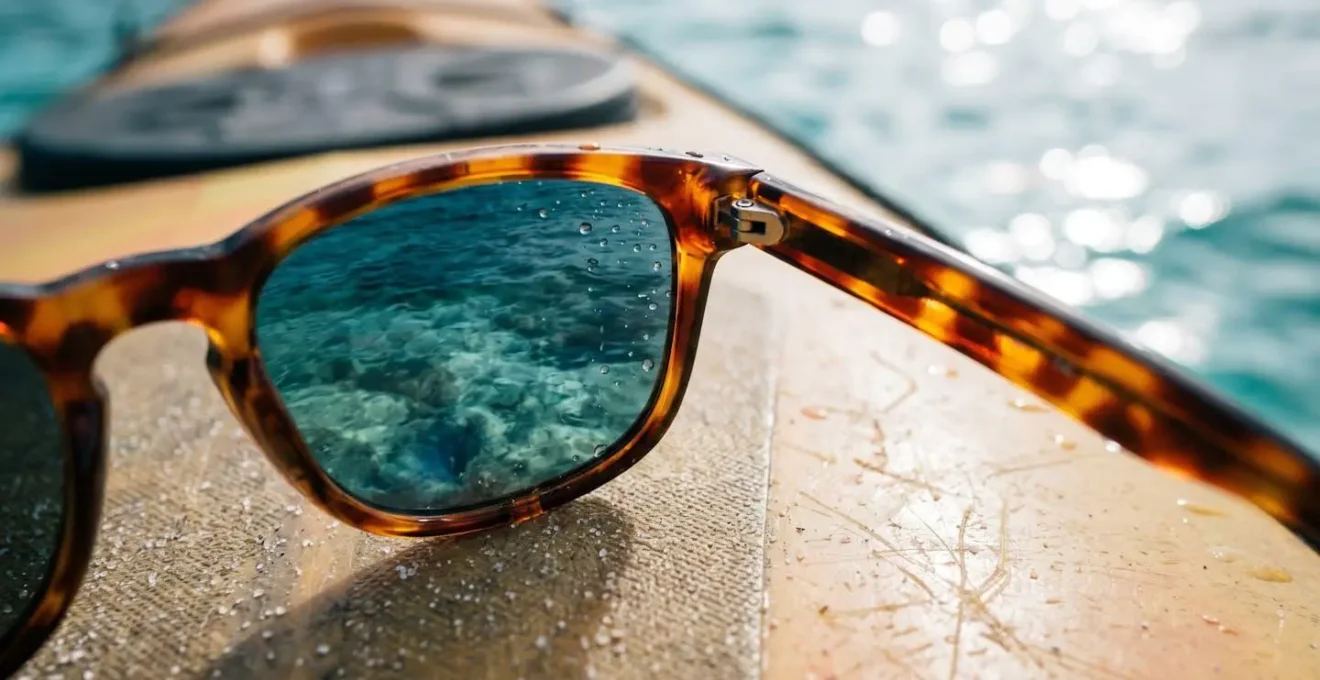 Gros plan sur une paire de lunettes polarisantes posée sur le pont d'un kayak, avec l'eau turquoise et les fonds marins visibles en arrière-plan