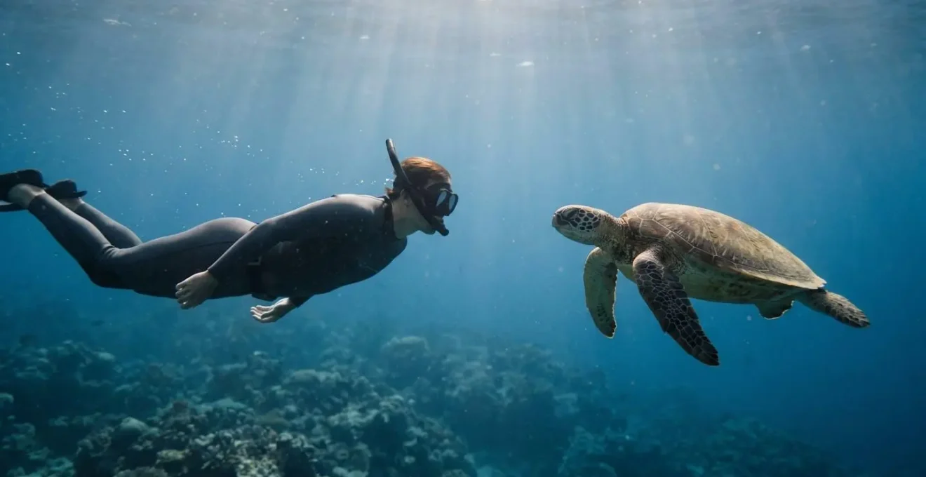 Vue sous-marine montrant une silhouette humaine immobile en observation passive tandis qu'une tortue marine nage librement à proximité dans un récif