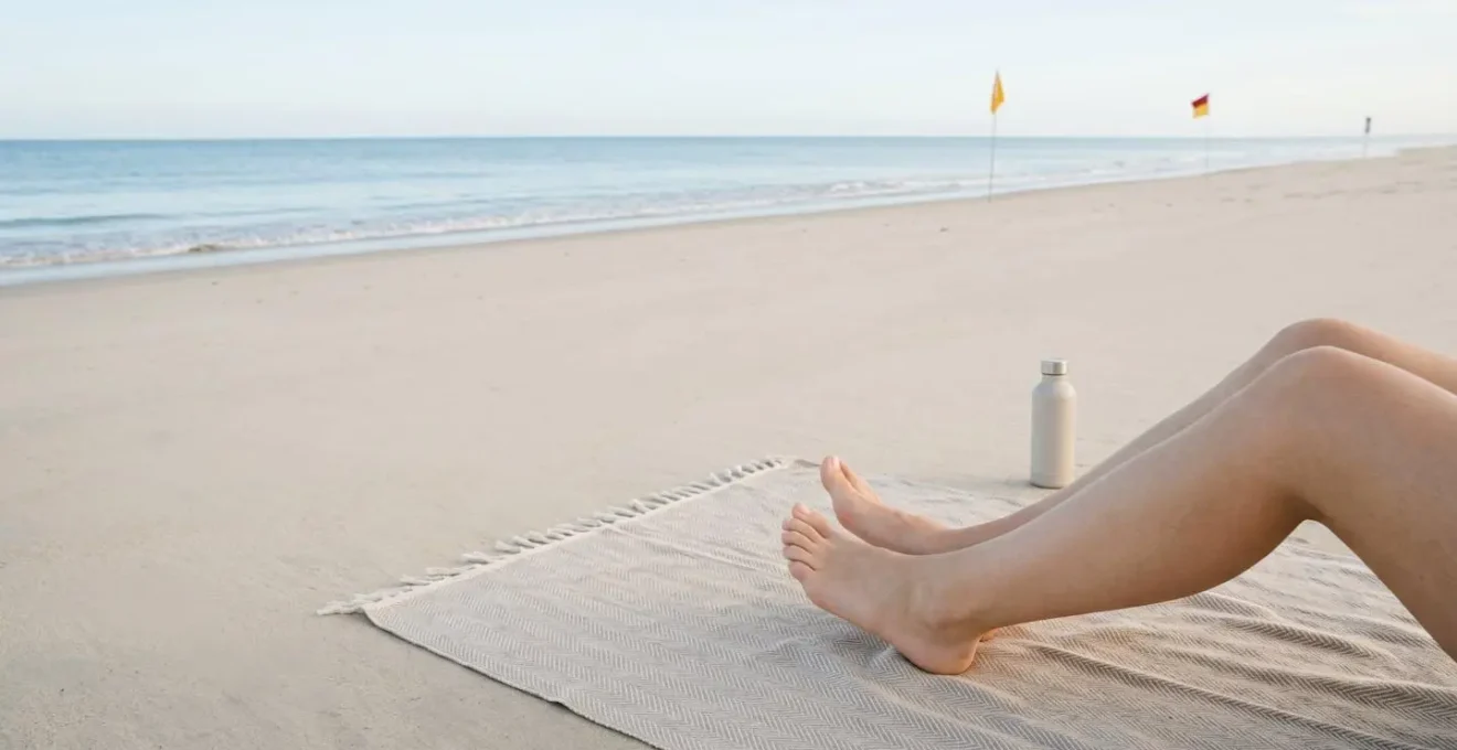 Pieds posés sur une serviette de plage propre avec l'océan en arrière-plan flou