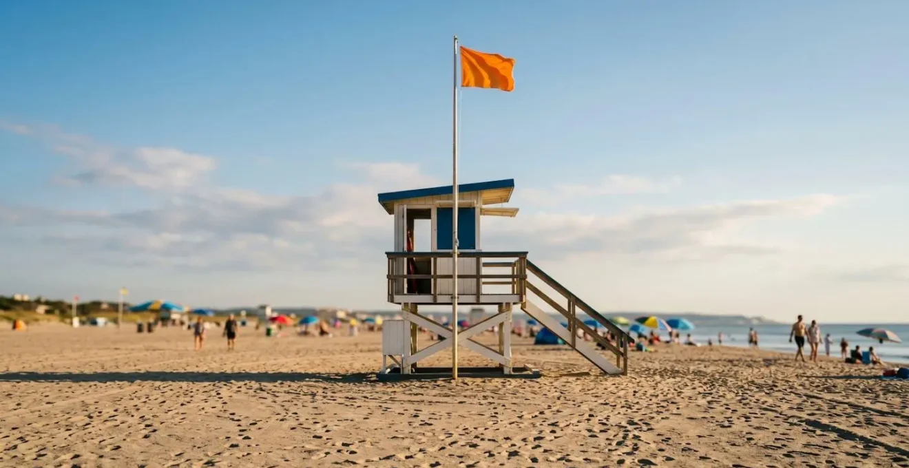 Vue panoramique d'un poste de secours de plage avec drapeau visible, photographié depuis le niveau du sable