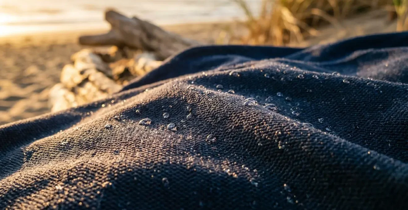 Gros plan sur un textile technique anti-UV à manches longues séchant au soleil, avec texture du tissu en détail et éclairage naturel
