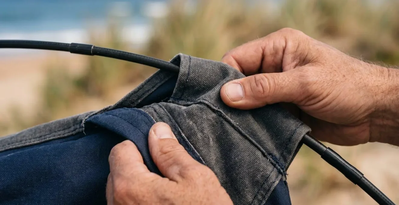 Gros plan sur les mains effectuant la technique de repliage en huit d'une tente pop-up de plage