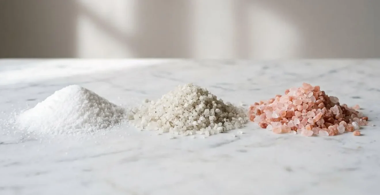 Composition minimaliste de differents types de sels marins disposes sur une surface claire avec variations de texture et de taille de grains