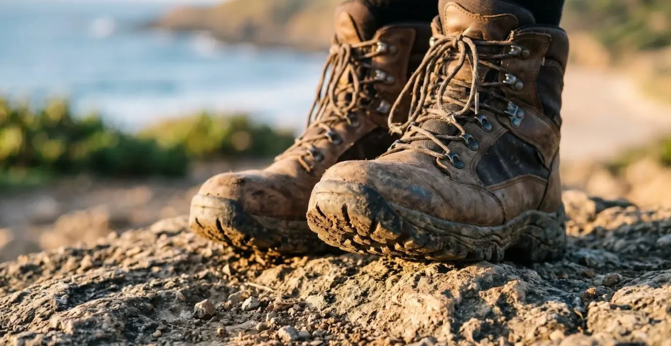 Chaussures de randonnée robustes sur un sentier côtier rocheux avec vue sur l'océan