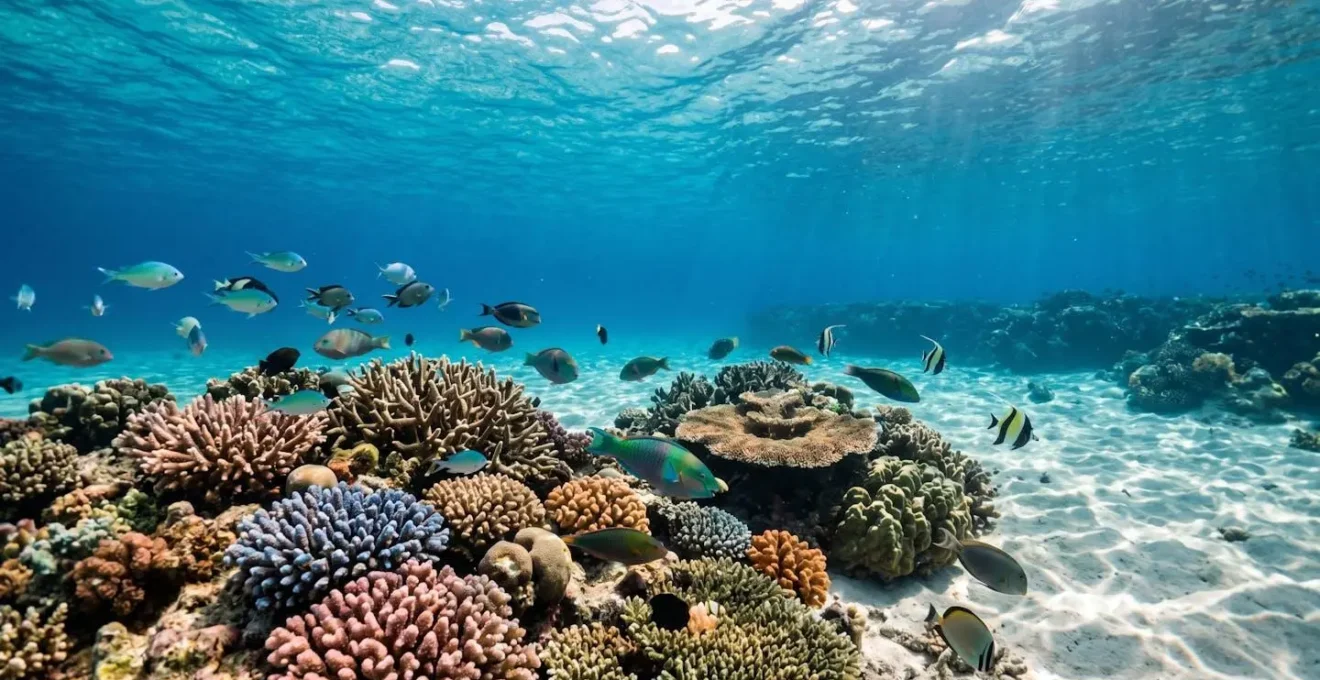 Vue sous-marine de la barrière de corail à Flic-en-Flac avec poissons tropicaux colorés