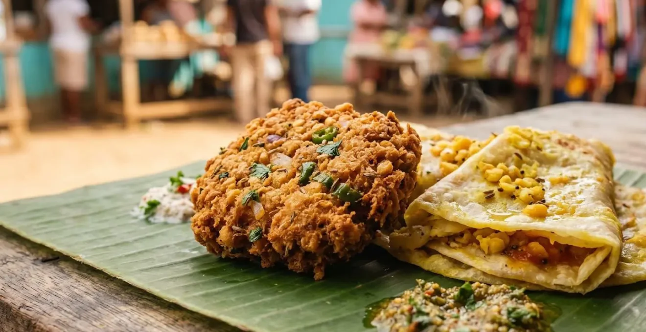 Assortiment de street food mauricienne fraîchement préparée avec dholl puri et accompaniments