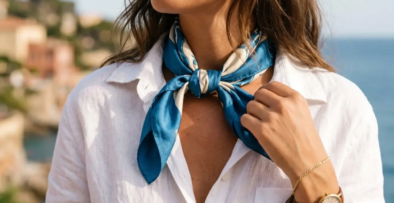 Détail d'une tenue Riviera avec foulard en soie noué et bijoux dorés minimalistes sur lin blanc