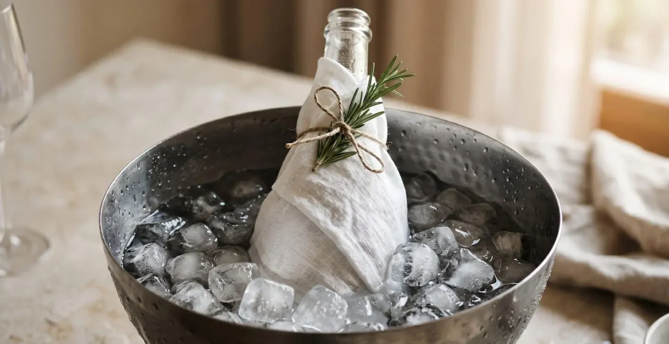 Bouteille de champagne enveloppée dans tissu blanc avec glaçons et éléments naturels pour refroidissement élégant
