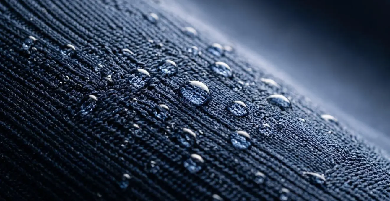 Détails macro d'un tissu technique de maillot de bain révélant la texture résistante et la qualité du tissage