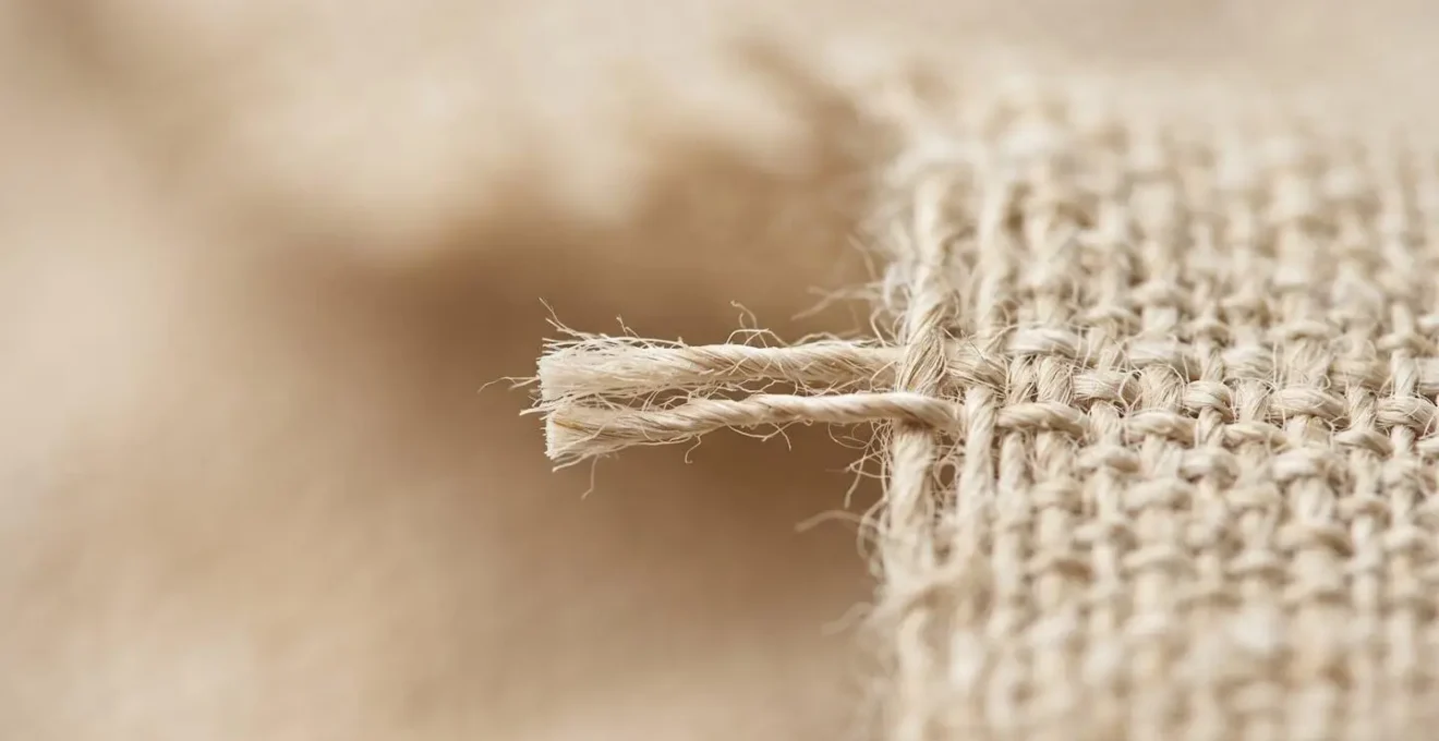 Détail macro de fibres textiles naturelles montrant la structure aérée d'un tissu de plage léger