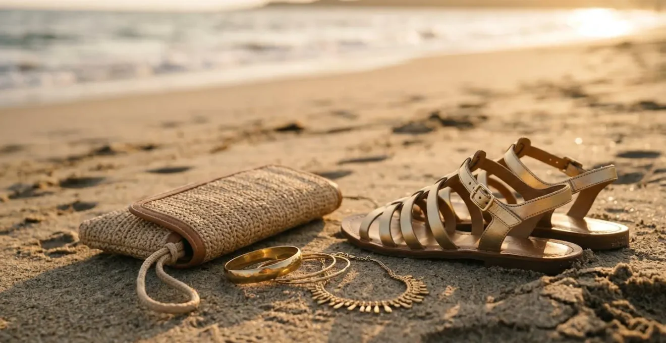 Sandales dorées, pochette en raphia et bijoux statement disposés sur sable doré