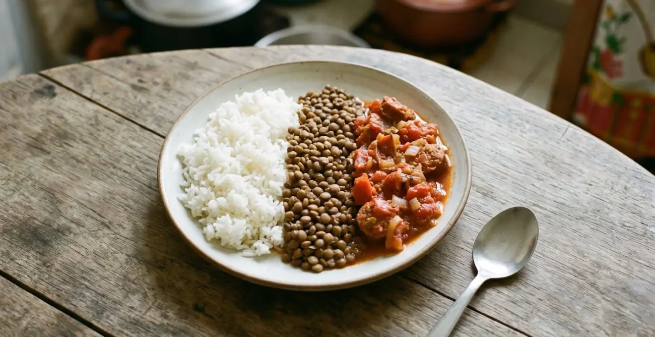 Assiette traditionnelle créole réunionnaise avec riz, grains de lentilles et rougail en sauce