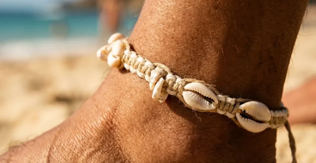 Gros plan macro sur un bracelet de cheville artisanal porté sur une peau hâlée, avec textures et détails visibles Gros plan macro sur un bracelet de cheville artisanal porté sur une peau hâlée, avec textures et détails visibles